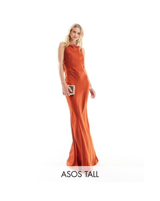 ASOS Orange Asos Design Tall Satin Square Neck Maxi Dress With Cowl Back Detail