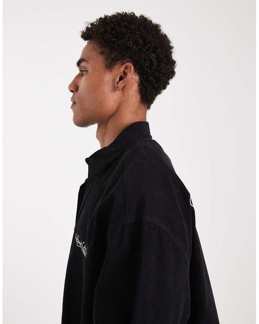 ASOS Black Boxy Oversized Corduroy Shirt With Back Embroidery for men