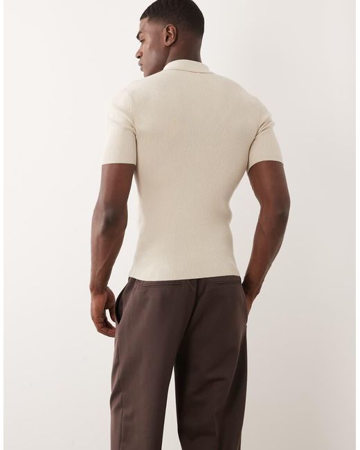 ASOS Natural Essential Muscle-fit Fine-rib Knit Polo for men