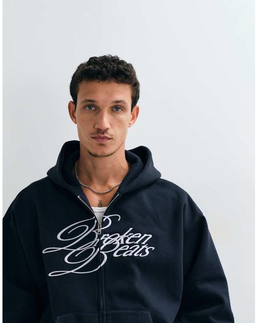 Weekday Blue Oversized Zip Up Hoodie With Broken Beats Embroidery for men