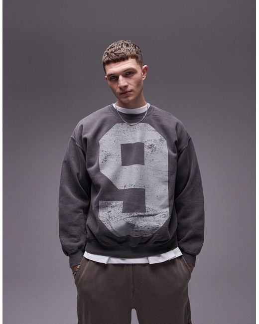 Topman Gray Oversized Fit Sweatshirt With 95 Front And Back Print for men