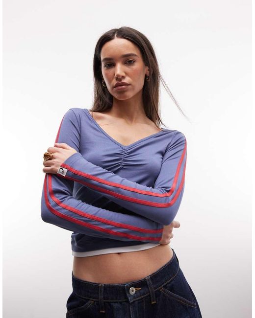 Collusion Blue Long Sleeve Ruched V Neck Sports Tee