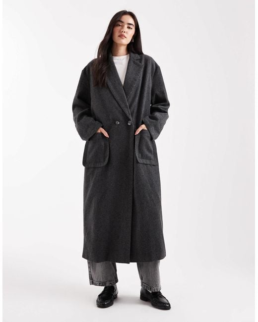 Daisy Street Black Large Herringbone Cocoon Coat With Deep Turn Up Cuffs