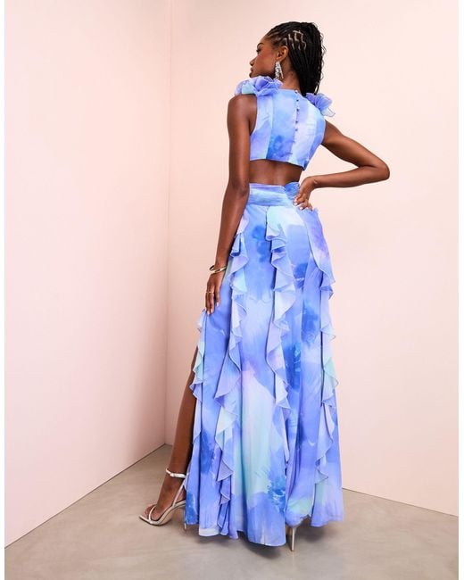 ASOS Blue Plunge Maxi Dress With exaggerated Ruffles And Ruched Details