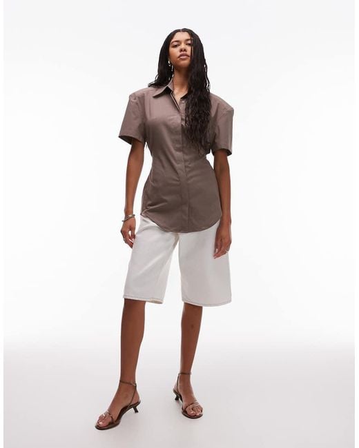 ASOS Brown Shoulder Pad Cinch Short Sleeve Shirt