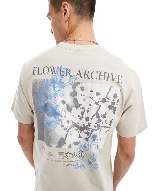 Only & Sons Blue Relaxed Fit T-shirt With Botanical Back Print for men