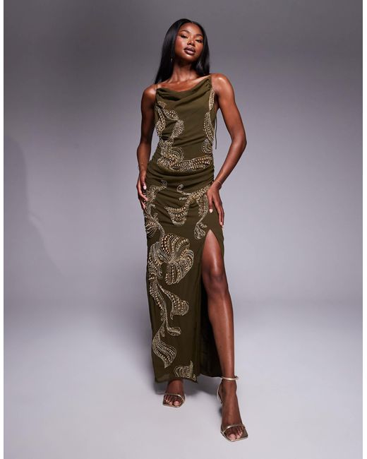 Robe longue ornementée à superposition avec jupe drapée et taille basse - kaki ASOS en coloris Brown