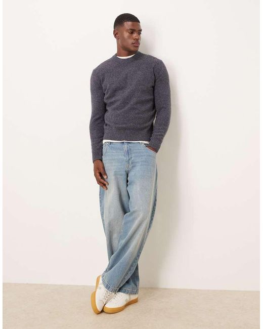 Mango Blue Wool Mix Knit Crew Neck Sweater for men