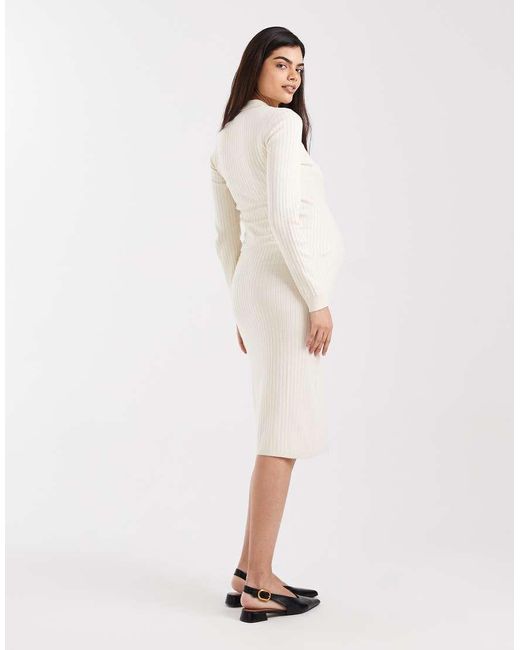 Mama.licious White Mamalicious Maternity Long Sleeve 2 Function Nursing Ribbed Button Front Midi Dress