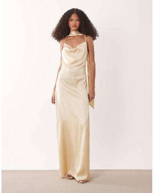 Jdy Natural Cowl Neck Satin Maxi Dress With Open Back And Scarf