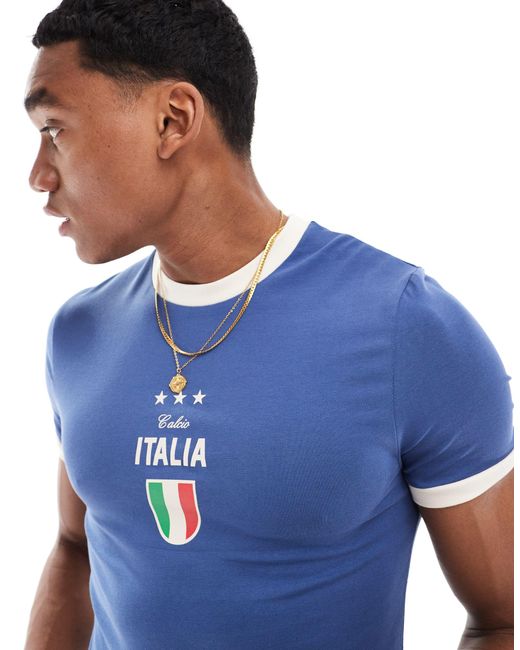 ASOS Blue Muscle Fit Football T-shirt With Italy Print for men
