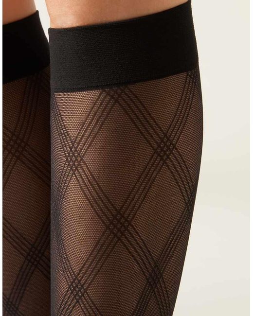 Calzedonia Black Diamond-Pattern Sheer Knee-High Socks