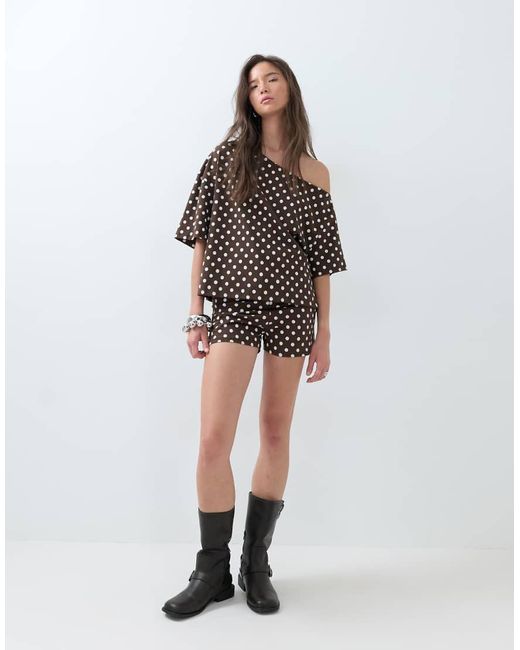 ASOS Brown Polka Dot Off Shoulder Top Co-ord