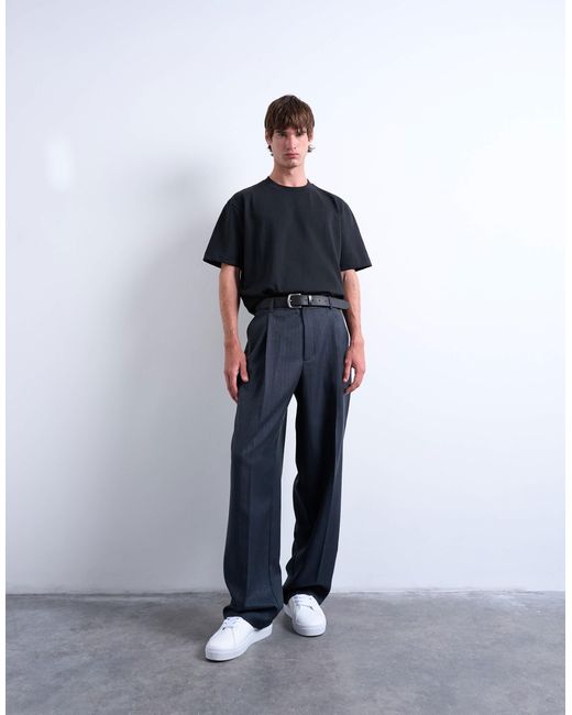 Topman Blue Wide Leg Pleated Stripe Trouser for men