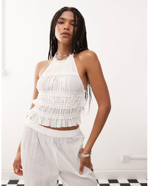 Collusion White Textured Halter Neck Backless Top