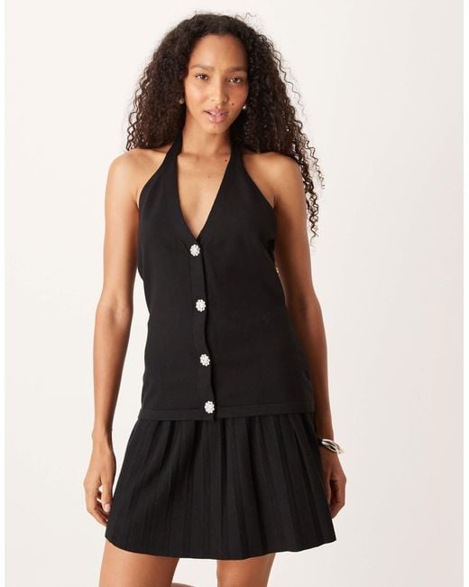 Amy Lynn Black Knitted Halterneck Top With Diamante Buttons