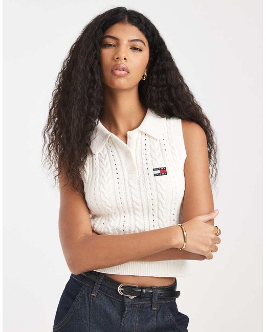 Tommy Hilfiger White Cable Knit Sleeveless Polo Shirt