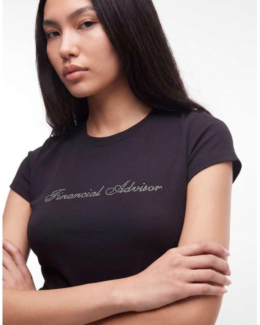 I.AM.GIA Black Odezia 'Financial Advisor' Diamante Graphic Cap Sleeve Fitted Tee