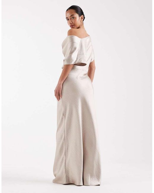 TFNC London White Bridesmaids Off Shoulder Satin Maxi Dress