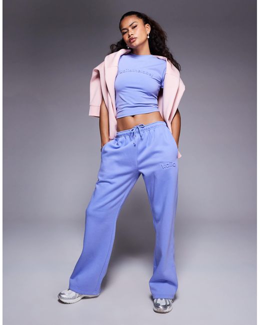 Kaiia Blue Embossed Wide Leg jogger Co-ord