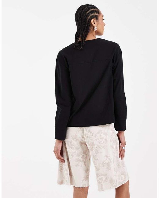 ASOS Black Mandarin Detailing Tie Front Blouse