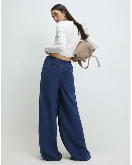 River Island Blue High Waisted Drawstring Wide Leg Jeans