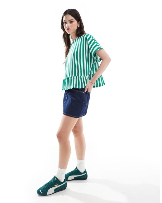 T-shirt coupe carrée en aspect lin avec manches courtes et ourlet à basque - rayures ASOS en coloris Green