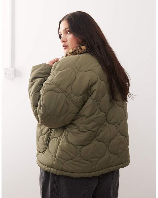 Noisy May Green Faux Fur Leopard Collar Detail Quilted Coat
