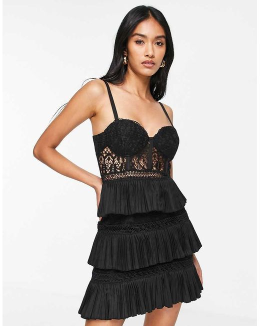 ASOS Black Lace Corset Mini Dress With Tiered Pleated Skirt