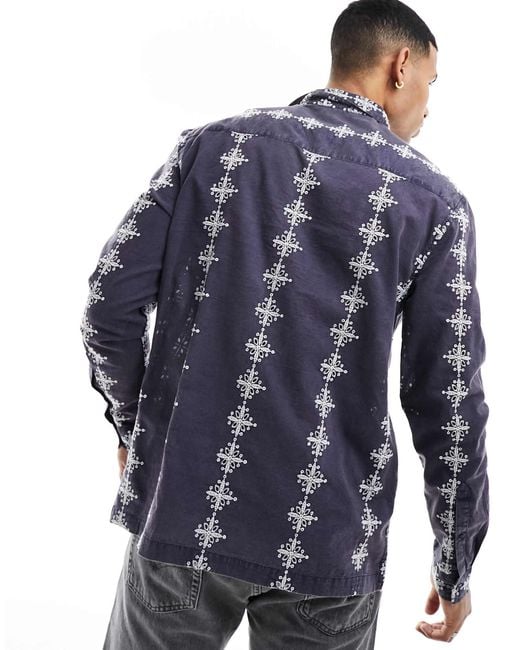 ASOS Blue Relaxed Shirt With Contrast Broderie Stripe for men