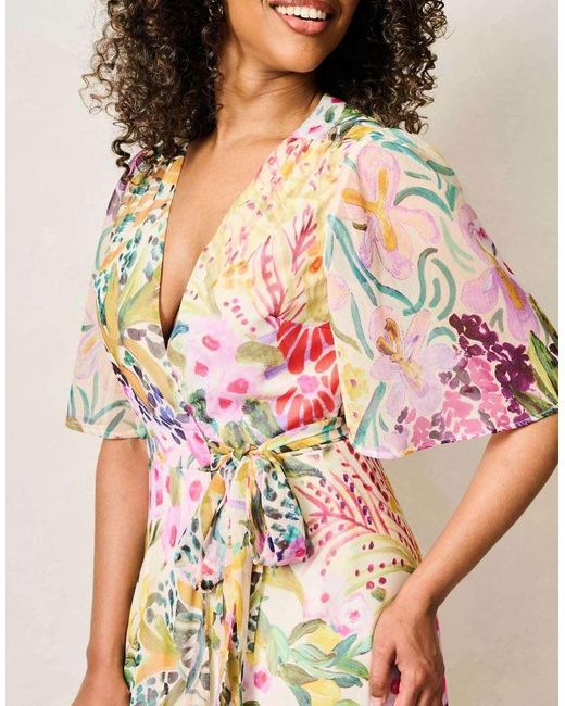 Hope & Ivy Natural The Julia Flutter Sleeve Maxi Wrap Dress With Tie Waist
