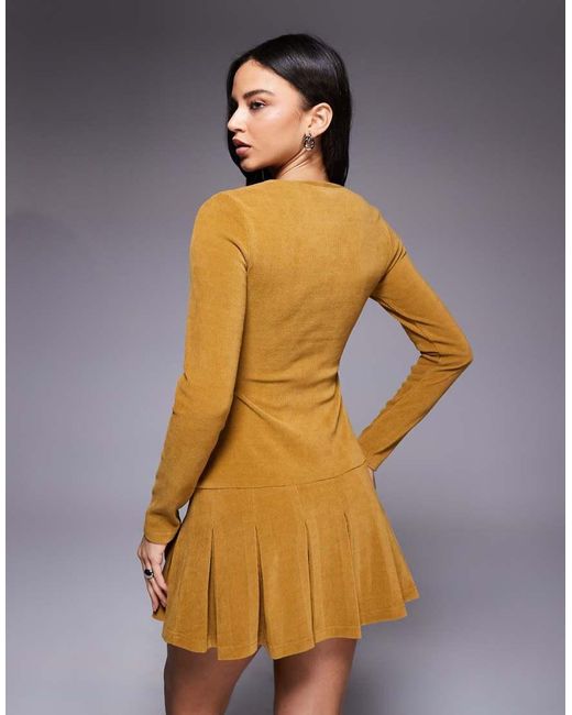 ASOS Blue Corduroy Dropped Waist Mini Dress With Pleated Skirt
