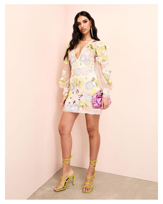 ASOS Natural V-neck Sheer Mini Dress With Placement Embellished Flowers