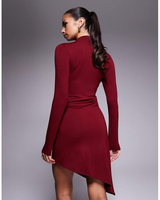 ASOS Ribbed Asymmetric Hem Mini Dress in Red | Lyst