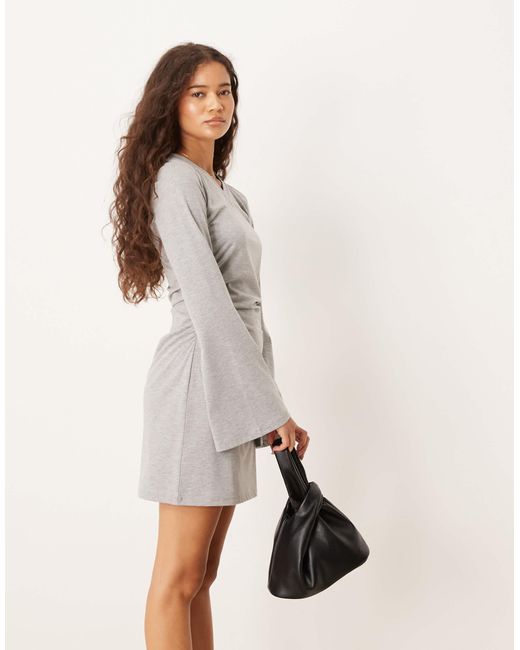 ASOS Gray High V Neck Cinched Side Flare Sleeves Mini Dress