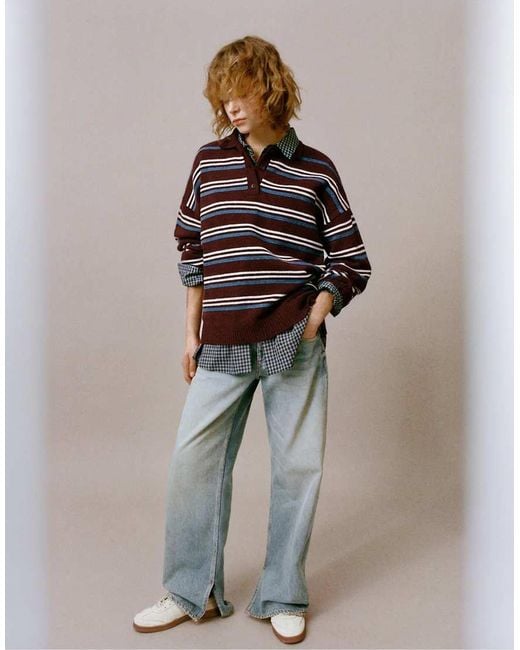 Pull&Bear Red Long Sleeve Striped Polo Shirt
