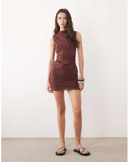ASOS Red Sleeveless Ruched Waist Mini Dress With Lace Hem