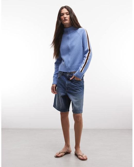 Collusion Blue Knitted Zip Through Stripe Funnel Neck Track Jacket