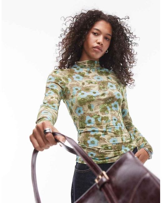 & Other Stories Green Stretch Mesh Long Sleeve Top Blurred Floral Print