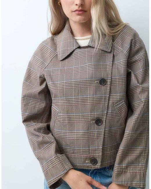 Gap Blue Cropped Checked Trench Coat