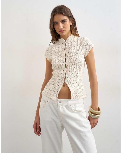 TOPSHOP White Crochet Cap Sleeve Button Top