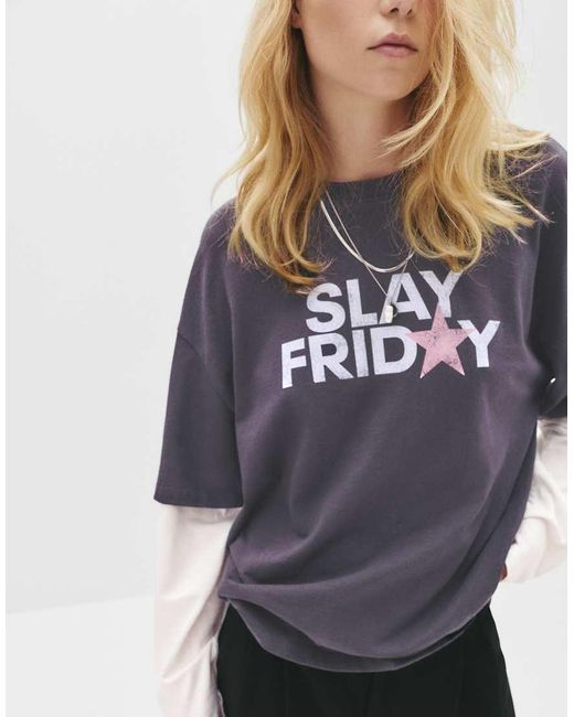 Pull&Bear T-Shirt Met Dubbellaagse Mouw En Grafische Print in het Gray