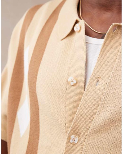 ASOS Natural Relaxed Boxy Fit Knitted Button Through Polo With Argyle Pattern for men