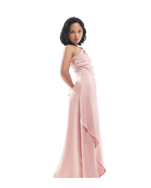 TFNC London Pink Bridesmaid One Shoulder Satin Maxi Dress With Wrap Skirt