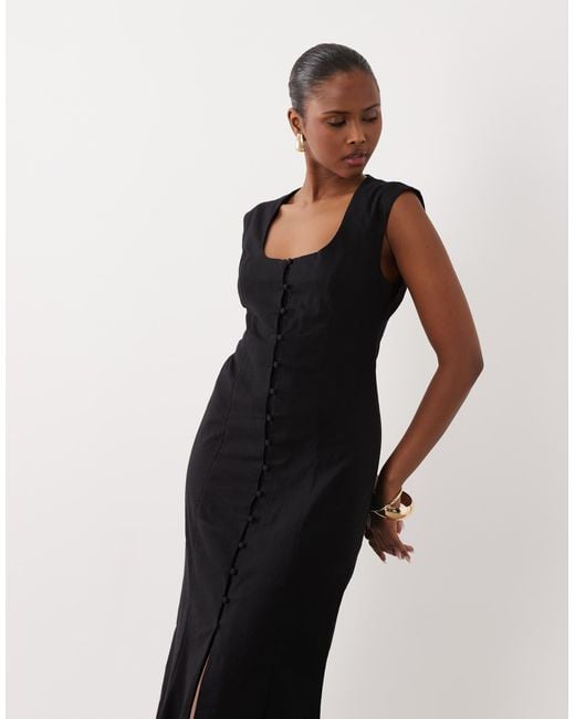 ASOS Black Square Neck Button Down Midi Sundress