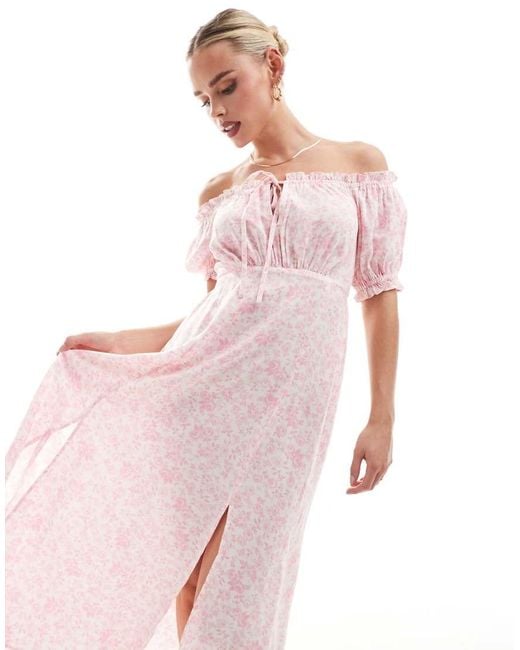 Miss Selfridge Pink Puff Sleeve Bardot Maxi Dress