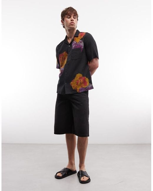 AllSaints Black Nouvelle Short Sleeve Linen Blend Floral Shirt for men