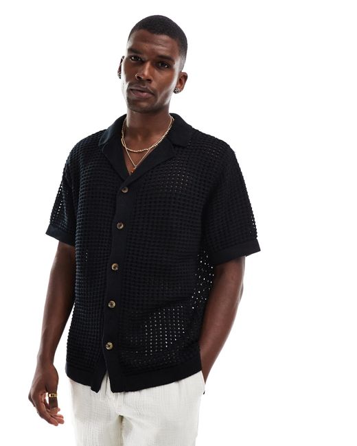Goldsboro Black Crochet Revere Shirt for men