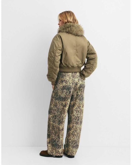 Pull&Bear Green Bomber Jacket With Fur Collar