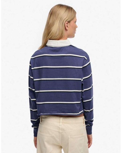 Superdry Blue Athletic Essentials Cropped Stripe Rugby Top